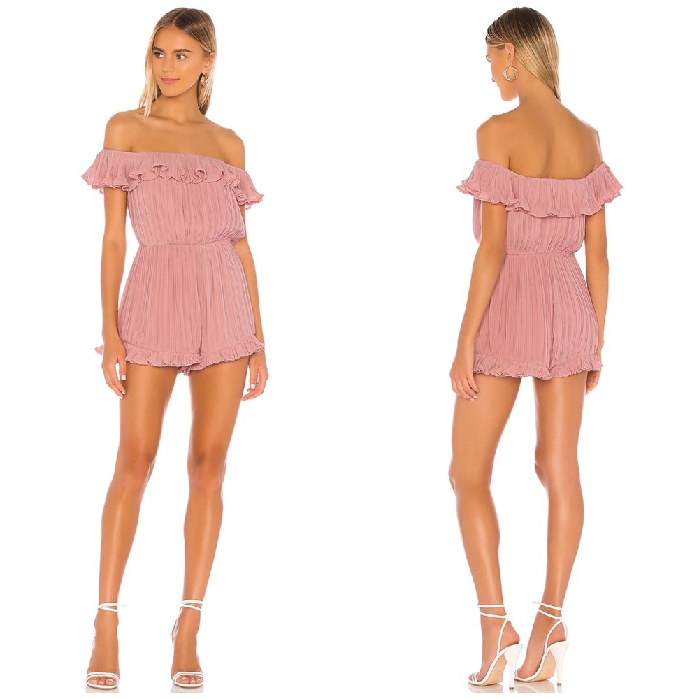 Lovers + Friends Quincy Off The Shoulder Ruffle Romper Pink Pleated Revolve XS